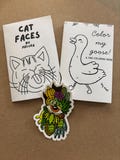 Color My Goose and Cat Faces tiny coloring book zines and sticker bundle
