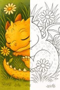 Baby Dragon in the Meadow – Half Coloring Page