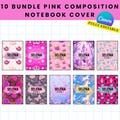 10 Bundle Pink Composition Notebook Cover for Pretty Girls | Back to School Supplies Printable Wrap | Editable Student Note Book Journal